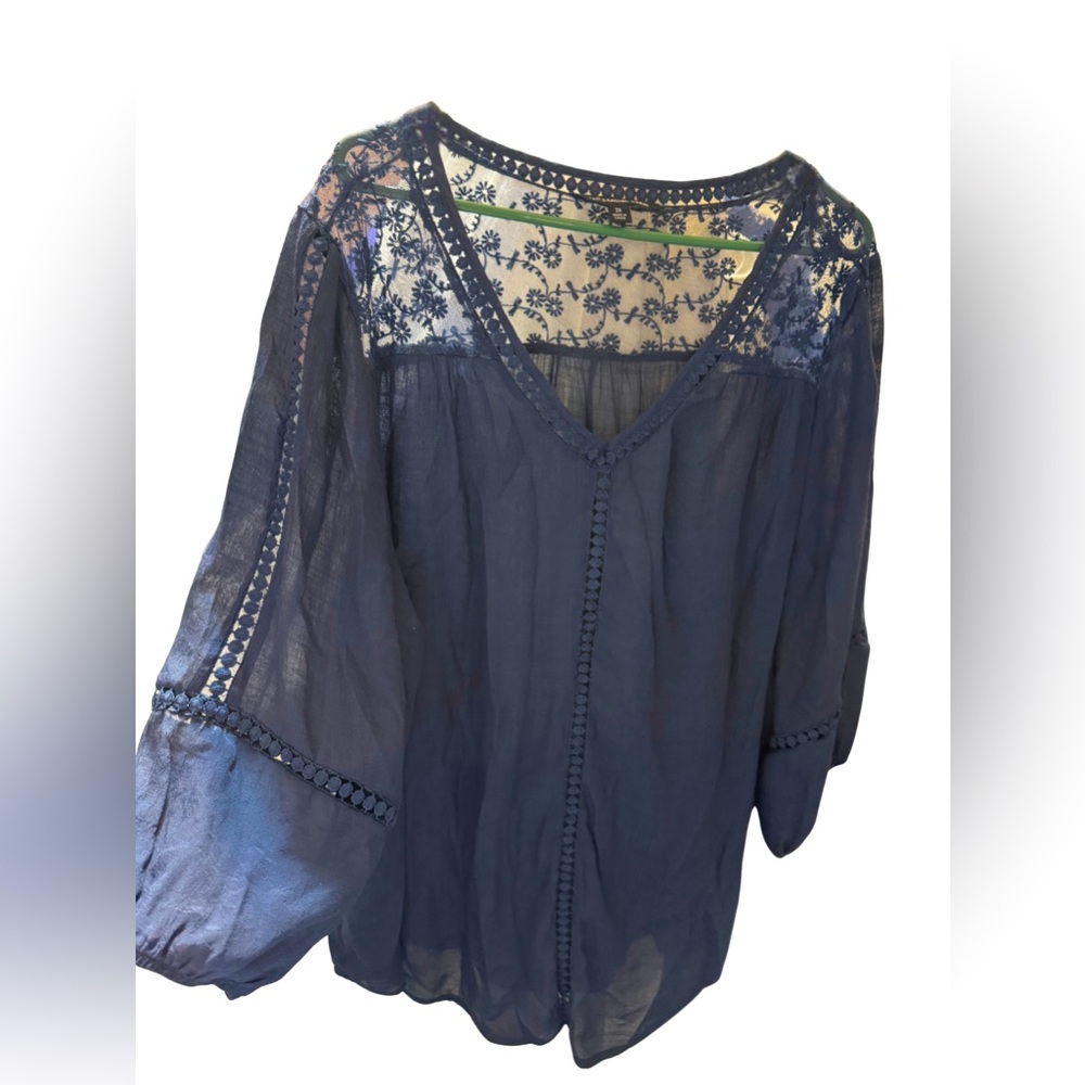 Zac & Rachel Woman Navy Blue Lace Peasant Top 2X